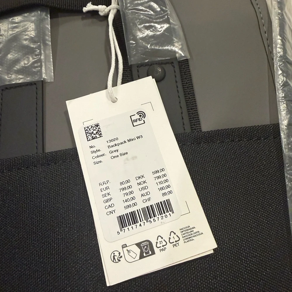 RAINS Mini 13020 Grey Water Resistant Backpack Laptop Bag NEW Unisex Men Women